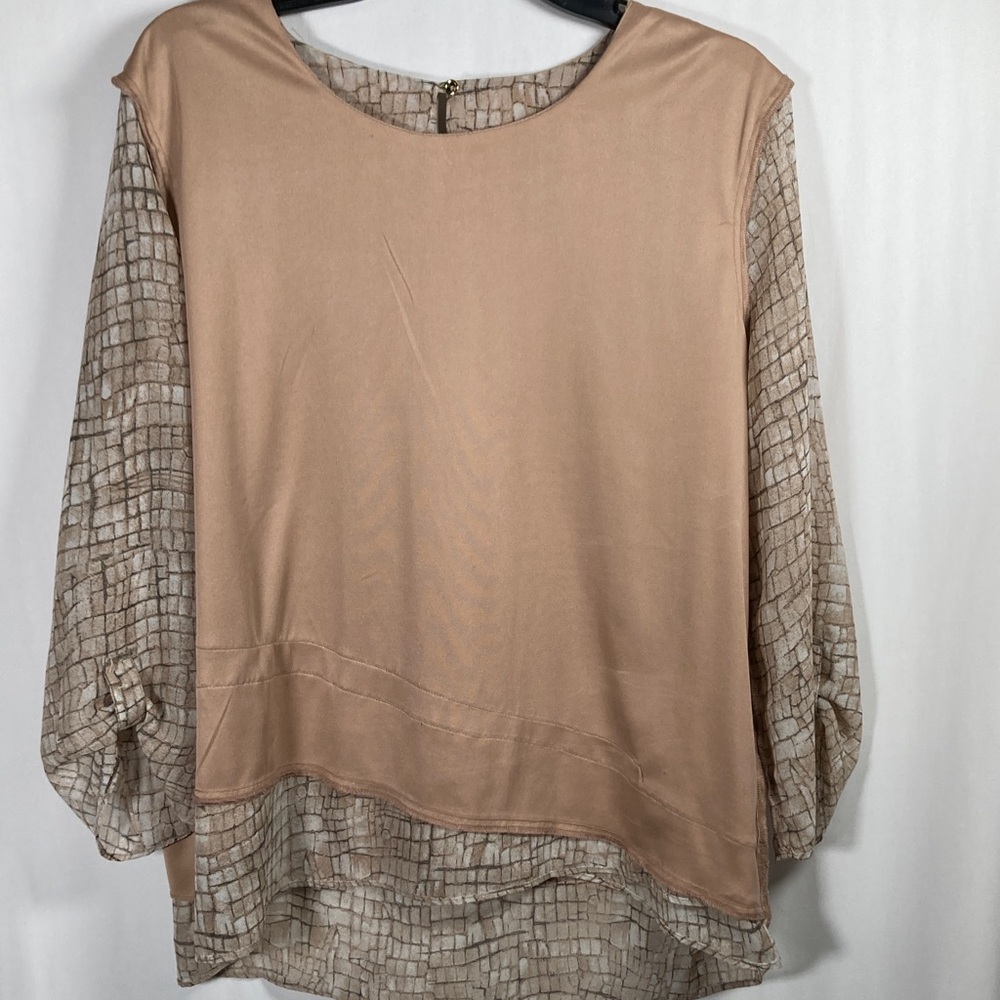 Christopher & Banks Tan White Tiered Lined Women's Blouse Sz L - Picture 7 of 8